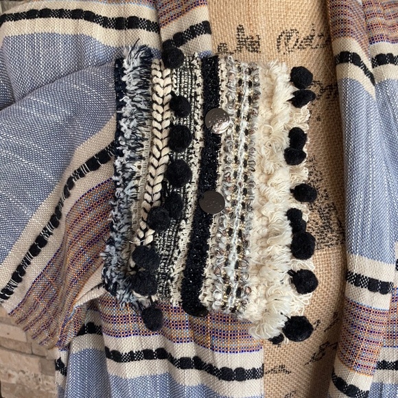 Zara boho kimono open front cardigan gray blue  multi colored pom poms fringe - Picture 6 of 15